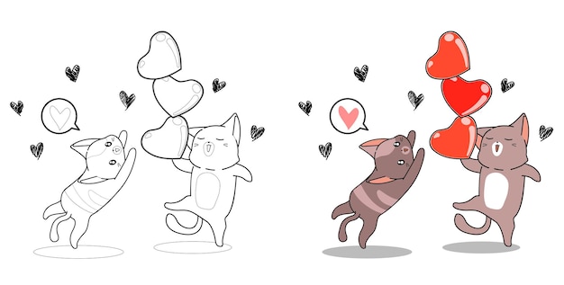 Vecteur chats et coeurs en coloriage de dessin animé de saint valentin pour les enfants