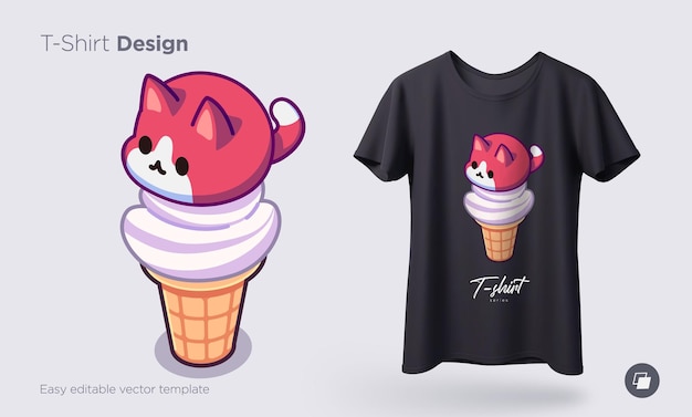 Chats De Crème Glacée Kawaii. Crème Glacée En Forme De Chatons Ronds Dans Le Cornet Gaufré. Impressions Sur T-shirts, Sweat-shirts, étuis Pour Téléphones Portables, Souvenirs. Illustration Vectorielle Isolé