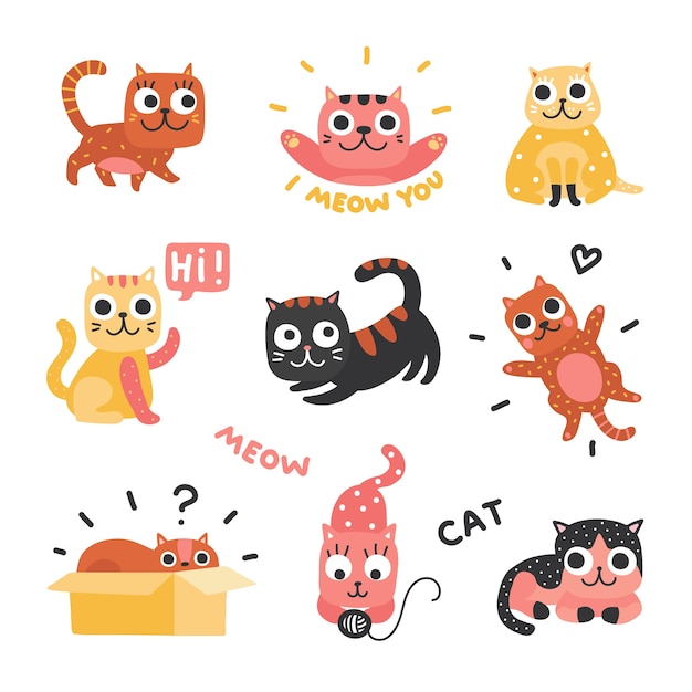 Chats De Dessin Animé. Chatons Drôles De Différentes Couleurs, Personnages Drôles De Chat Paresseux. Beaux Animaux Ludiques, Ensemble D'animaux Domestiques. Chat Paresseux, Chaton, Illustration Endormie Et Ludique