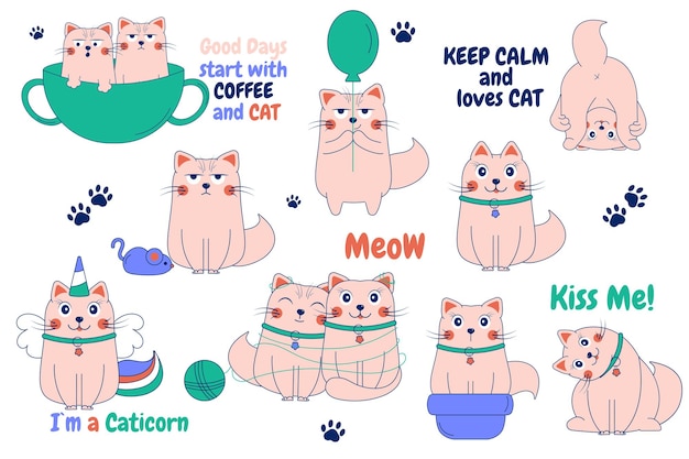 Chats De Dessin Animé Drôles Doodle Chat De Caractère Chat De Lettrage Chat De Licorne