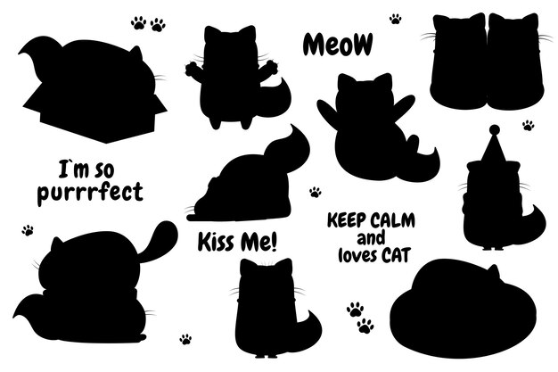 Chats De Dessin Animé Silhouette Drôle Doodle Chat De Personnage Chat De Lettrage