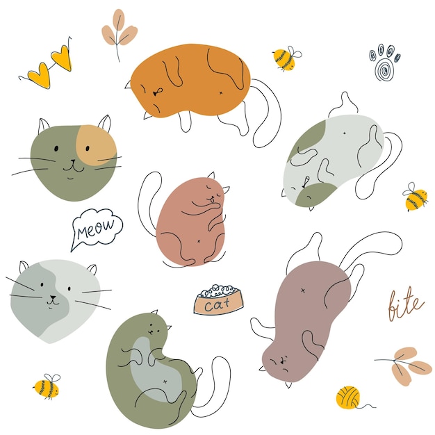 Chats Drôles Dans Différentes Poses Chatons Simples à Partir De Taches Et De Lignes Imprimé Animal Mignon Illustration Vectorielle Isolée Sur Fond Blanc