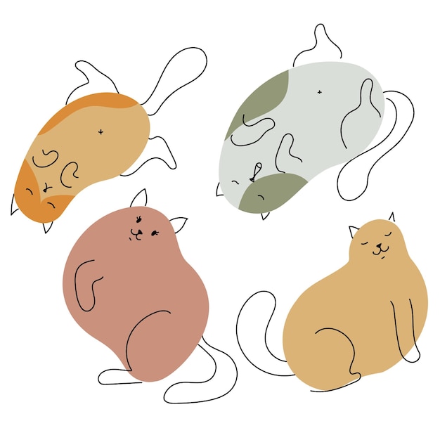 Chats drôles dans différentes poses Chatons simples à partir de taches et de lignes Imprimé animal mignon Illustration vectorielle isolée sur fond blanc