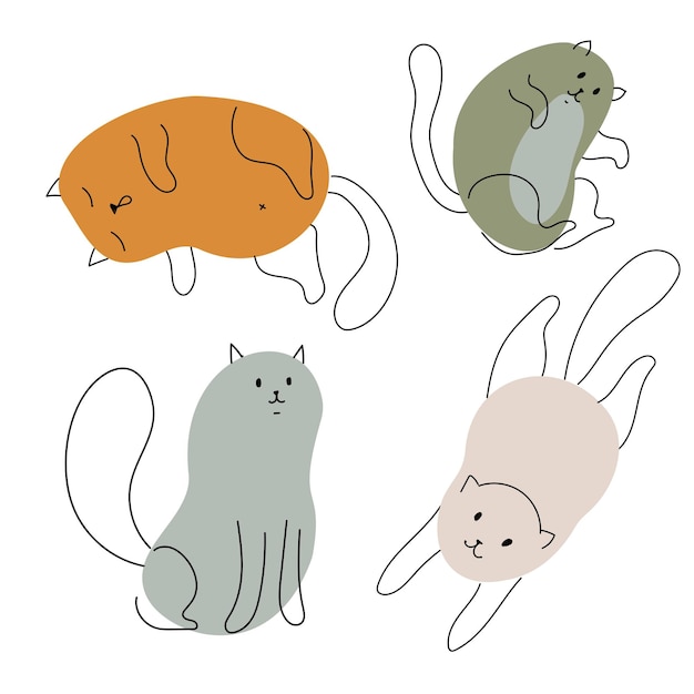 Chats Drôles Dans Différentes Poses Chatons Simples à Partir De Taches Et De Lignes Imprimé Animal Mignon Illustration Vectorielle Isolée Sur Fond Blanc