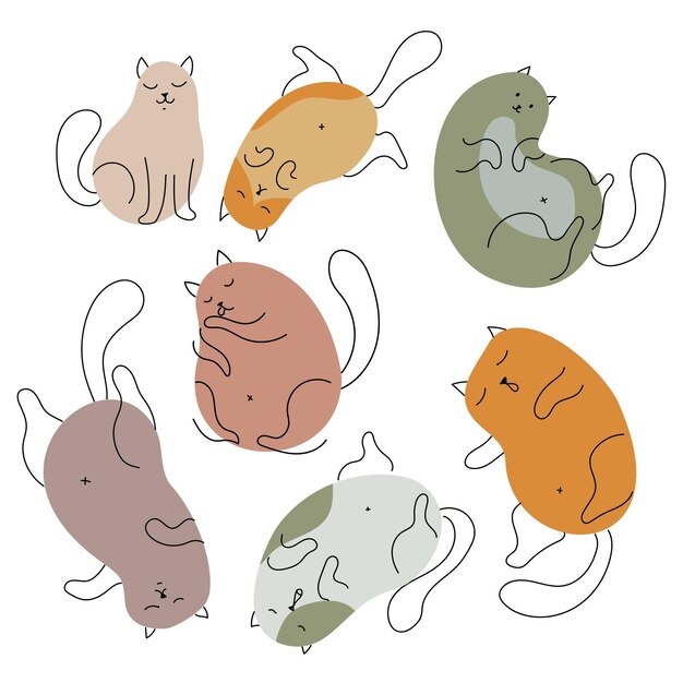 Chats drôles dans différentes poses Chatons simples à partir de taches et de lignes Imprimé animal mignon Illustration vectorielle isolée sur fond blanc