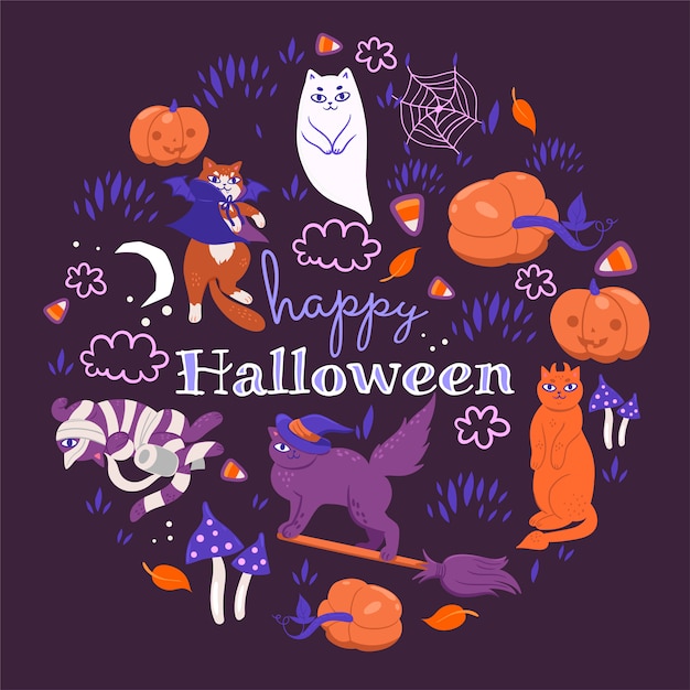 Chats d'Halloween sur fond violet.