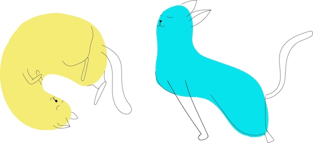 Chats jaunes et bleus dans différentes poses Chatons simples à partir de taches et de lignes Vecteur isolé
