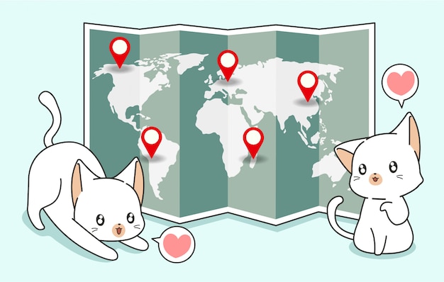 Chats Kawaii Et Carte Du Monde Avec Des épingles De Positionnement