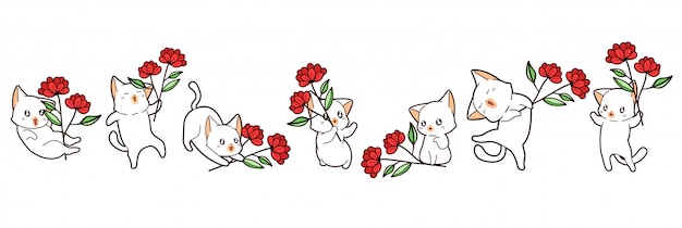 Les Chats Kawaii Tiennent Une Fleur