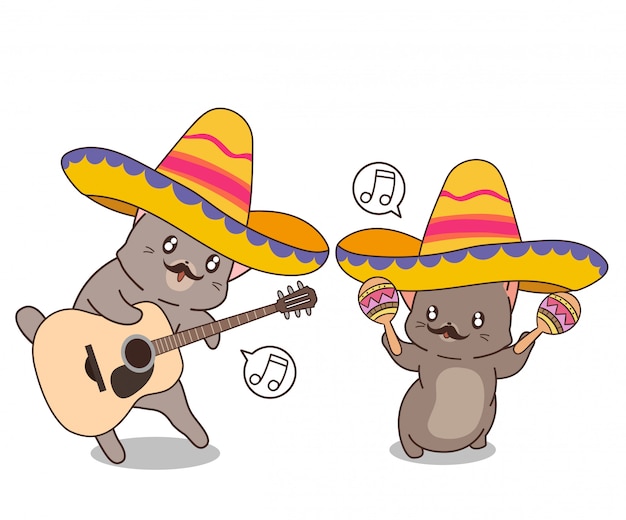 Les Chats Mexicains Kawaii Jouent D'un Instrument De Musique