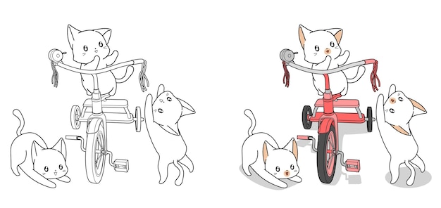 Chats Mignons Avec Dessin Animé De Tricycle Facilement Coloriage Pour Les Enfants