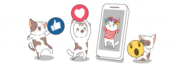 Les chats mignons donnent l'icône des médias sociaux à l'autre chat qui est dans le smartphone