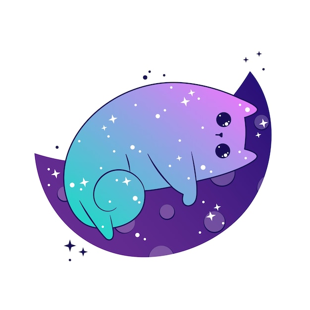 Les chats mignons de l'espace dorment sur la lune céleste avec des étoiles et des planètes vecteur kawaii magique fantastique chaton de pépinière mystique pour le tatouage d'autocollants textiles