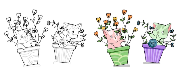 Chats Mignons Avec Des Fleurs Coloriage De Dessin Animé Pour Les Enfants