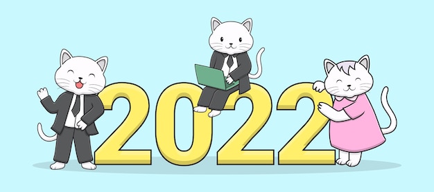 Vecteur chats mignons et heureux avec la typographie 2022