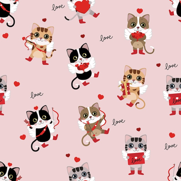 Vecteur chats mignons et modèle sans couture de coeur rouge