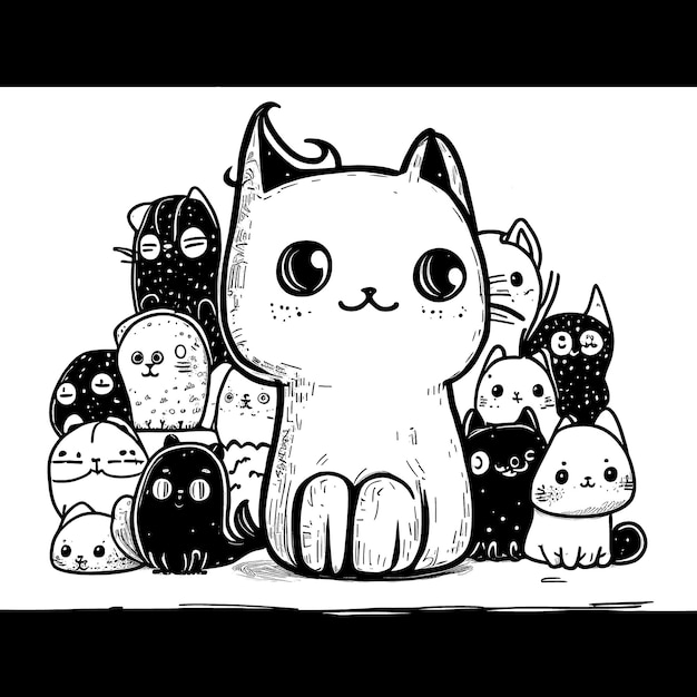 Chats mignons pages à colorier en noir et blanc pour les enfants lignes simples style de dessin animé heureux mignon drôle