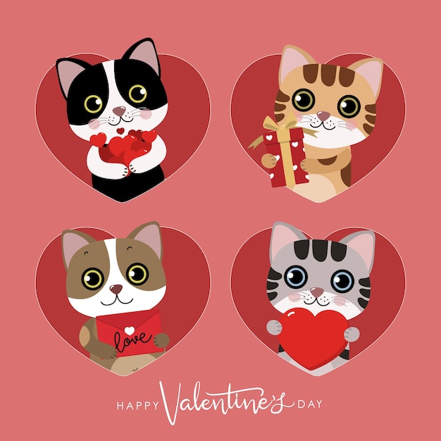 Chats Mignons Avec De Petites Ailes De Cupidon Et Un Coeur Rouge