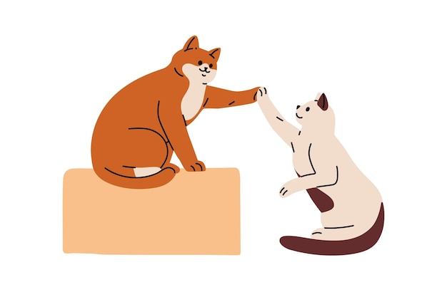 Des chats mignons qui donnent cinq fois. Des animaux félins amicaux qui saluent avec un geste de patte. Des chats intelligents entraînés. Des animaux de compagnie. Un concept d'amitié et de communication. Une illustration vectorielle plate isolée sur un fond blanc.