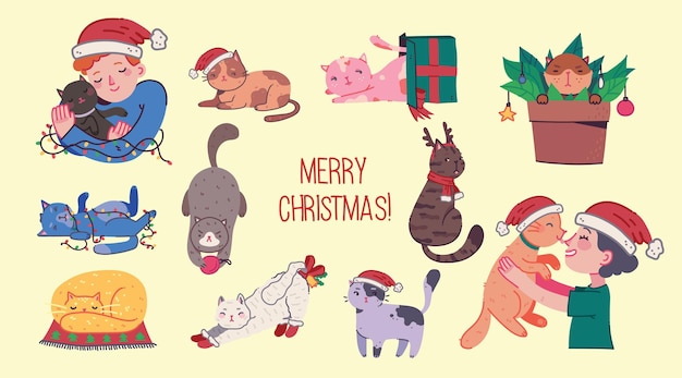 Chats De Noël Joyeux Noël Illustrations De Garçon Et Fille étreignant Des Chats