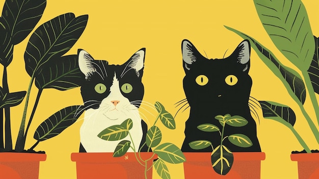 Vecteur les chats et les plantes dans un cadre jaune