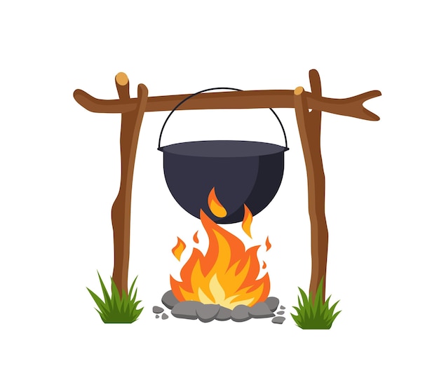 Chaudron sur feu de camp pour la cuisine en plein air isolé sur fond blanc Illustration vectorielle dans un style plat