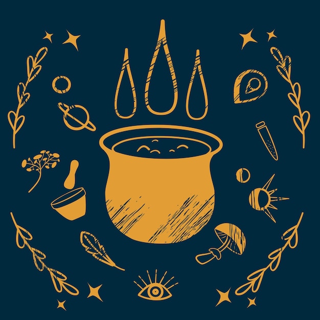 Chaudron De Sorcière Et Ingrédients De Sorcière Illustration De La Magie Création D'une Potion