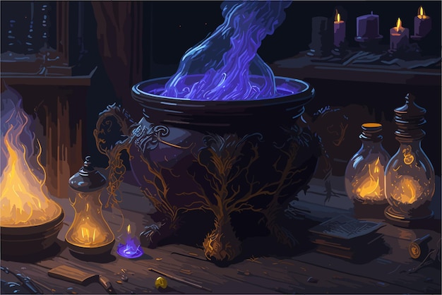 Vecteur le chaudron des sorcières bouillonnant d'une potion magique entouré de bougies scintillantes et de livres de sorts.
