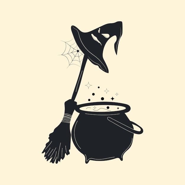 Vecteur chaudron de sorcières de dessin animé avec potion à côté d'un balai et d'un chapeau de sorcier. symbole d'halloween.