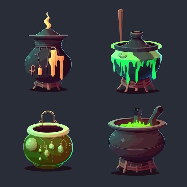 Chaudrons avec des potions magiques de sorcière isolés sur fond Illustration vectorielle