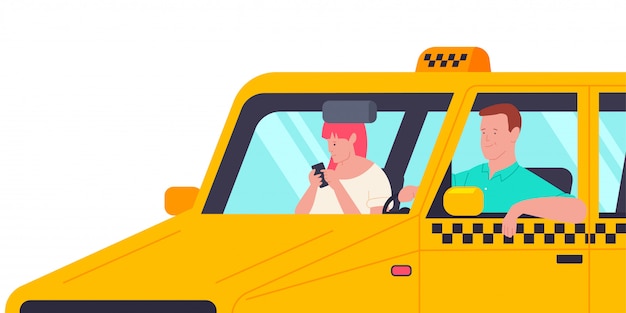 Vecteur chauffeur de taxi avec un passager dans la voiture. illustration de dessin animé de vecteur avec homme et fille avec téléphone isolé