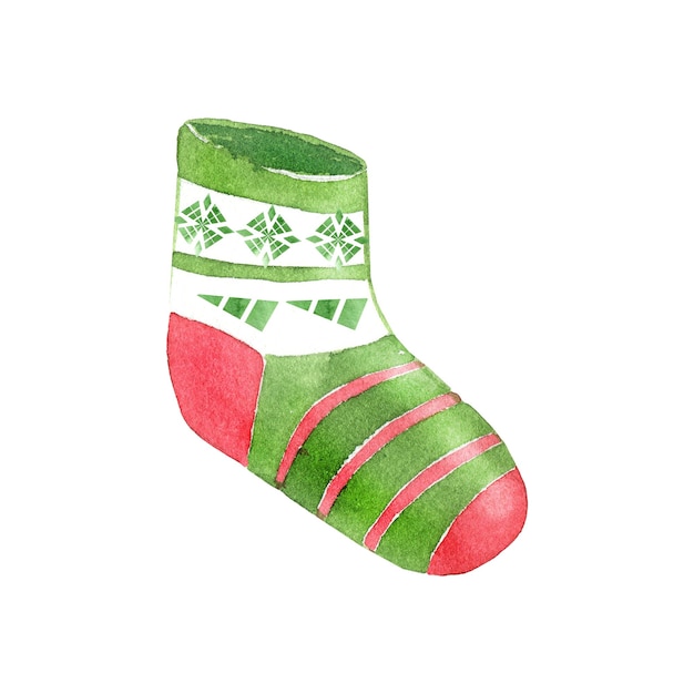 Chaussette de Noël verte aquarelle. Illustration dessinée à la main du sac du nouvel an pour les cadeaux.