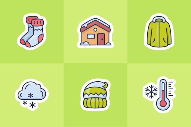 Chaussettes de noël d'hiver chapeau de veste de maison et icône de nuage de thermomètre pour la collection de jeux d'autocollants ou d'autocollants