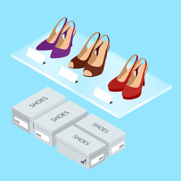 Chaussures Et Boîtes Colorées Pour Femmes. Chaussures Pour Femmes à Talons. Illustration Vectorielle Isométrique Pour Infographie. Magasin De Chaussures