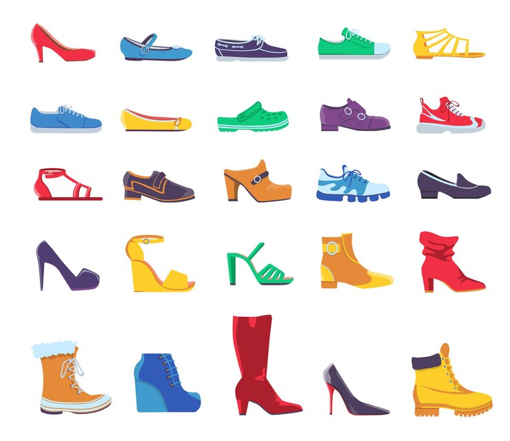 Vecteur chaussures et bottes. chaussures mode été et automne pour homme ou femme. chaussure en cuir décontractée et formelle, baskets et escarpins, ensemble d'images vectorielles à plat. icône de chaussures de sport illustration, mis à la mode