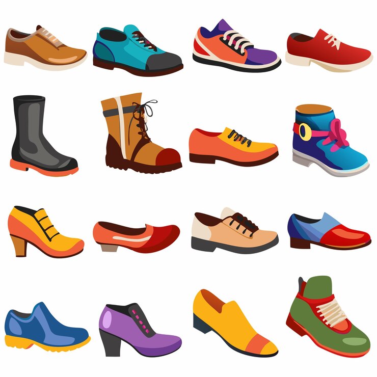 Vecteur chaussures et bottes divers types de chaussures pour hommes, femmes et enfants à la mode, décontractées, élégantes et élégantes