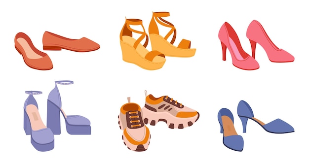 Vecteur chaussures d'été et de printemps de dessin animé chaussures femmes modernes talons baskets et appartements chaussures de mode décontractées ensemble d'illustrations vectorielles plates