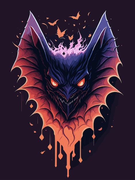 Une chauve-souris de dessin animé avec des flammes et des flammes sur le visage.