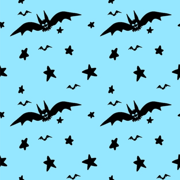 Chauve-souris d'halloween de vecteur et étoiles dans le fond isolé de modèle sans couture de ciel Illustration mignonne pour la décoration textile de conception saisonnière salle de jeux pour enfants ou carte de voeux Gravures dessinées à la main et doodle