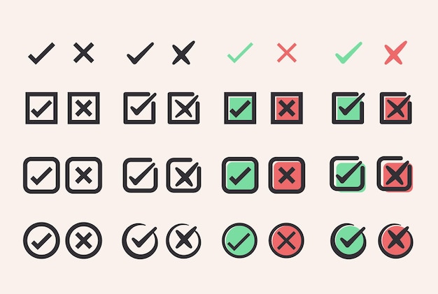 Vecteur check mark et croix icône ensemble cercle et carré icône illustration vectorielle