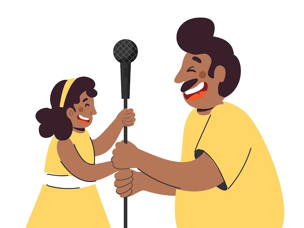 Vecteur cheerful man holding mic stick avec sa fille sur fond blanc