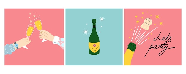 Vecteur cheers champagne verres à vin modernes de dessin animé doodle dessin carte ou affiche contemporaine boisson alcoolisée pour la célébration du mariage et de l'anniversaire du nouvel an ensemble isolé de vecteur de boisson de fête festive
