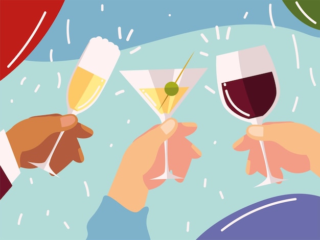 Vecteur cheers, mains avec des cocktails célébration de verre à vin