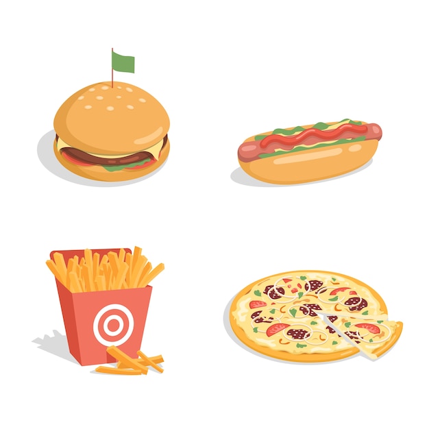 Cheeseburger, hot-dog, frites et pizza