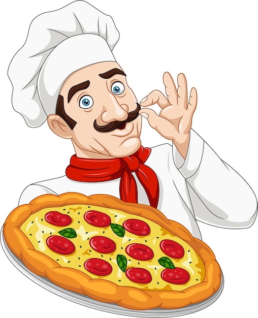 Chef De Bande Dessinée Homme Tenant Une Pizza