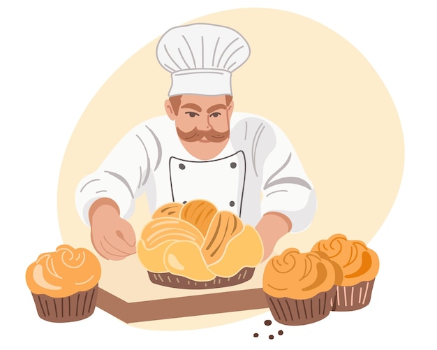 Vecteur chef à barbe heureux ou boulanger avec des pâtisseries