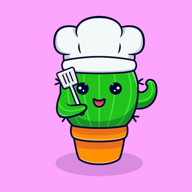 Chef De Cactus Mignon Prêt à Cuire. Dessin Animé Plat