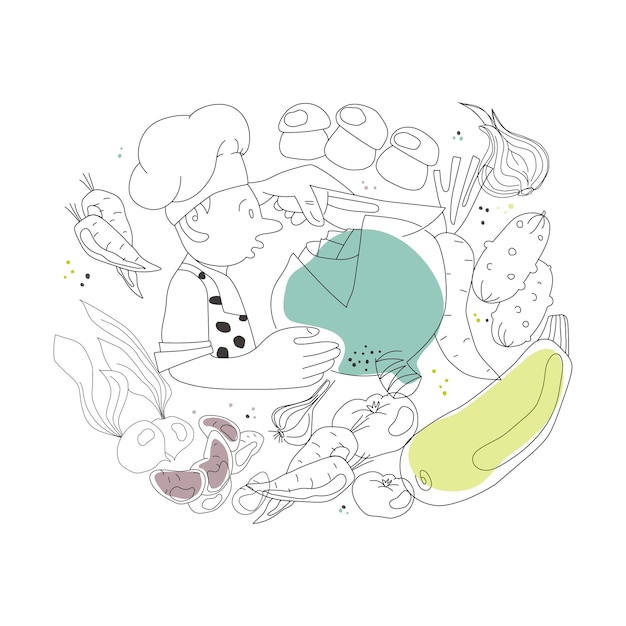 Le chef coupe les légumes Illustration vectorielle de doodles d'aliments sains biologiques