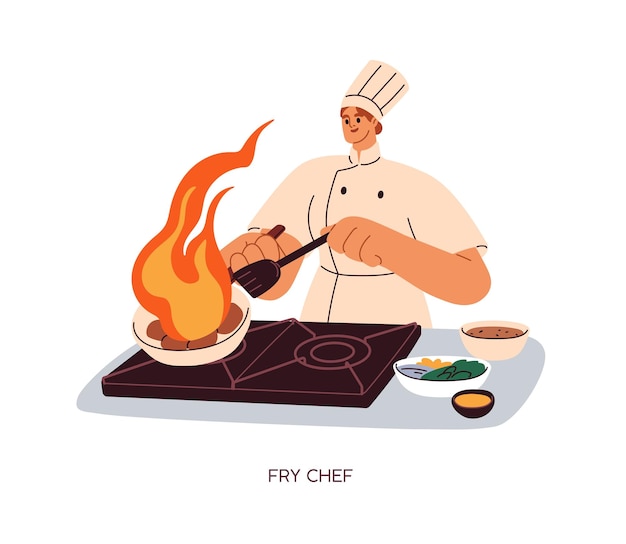 Chef cuisinant de la nourriture sur une poêle à frire chauffage avec la flamme du feu sur la cuisinière cuisinier de restaurant professionnel préparant un repas chaud illustration vectorielle plate isolée sur fond blanc