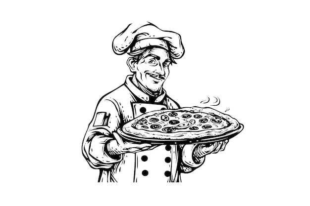 Chef Dans Un Chapeau Avec Illustration Vectorielle De Pizza Logotype Gravure Style